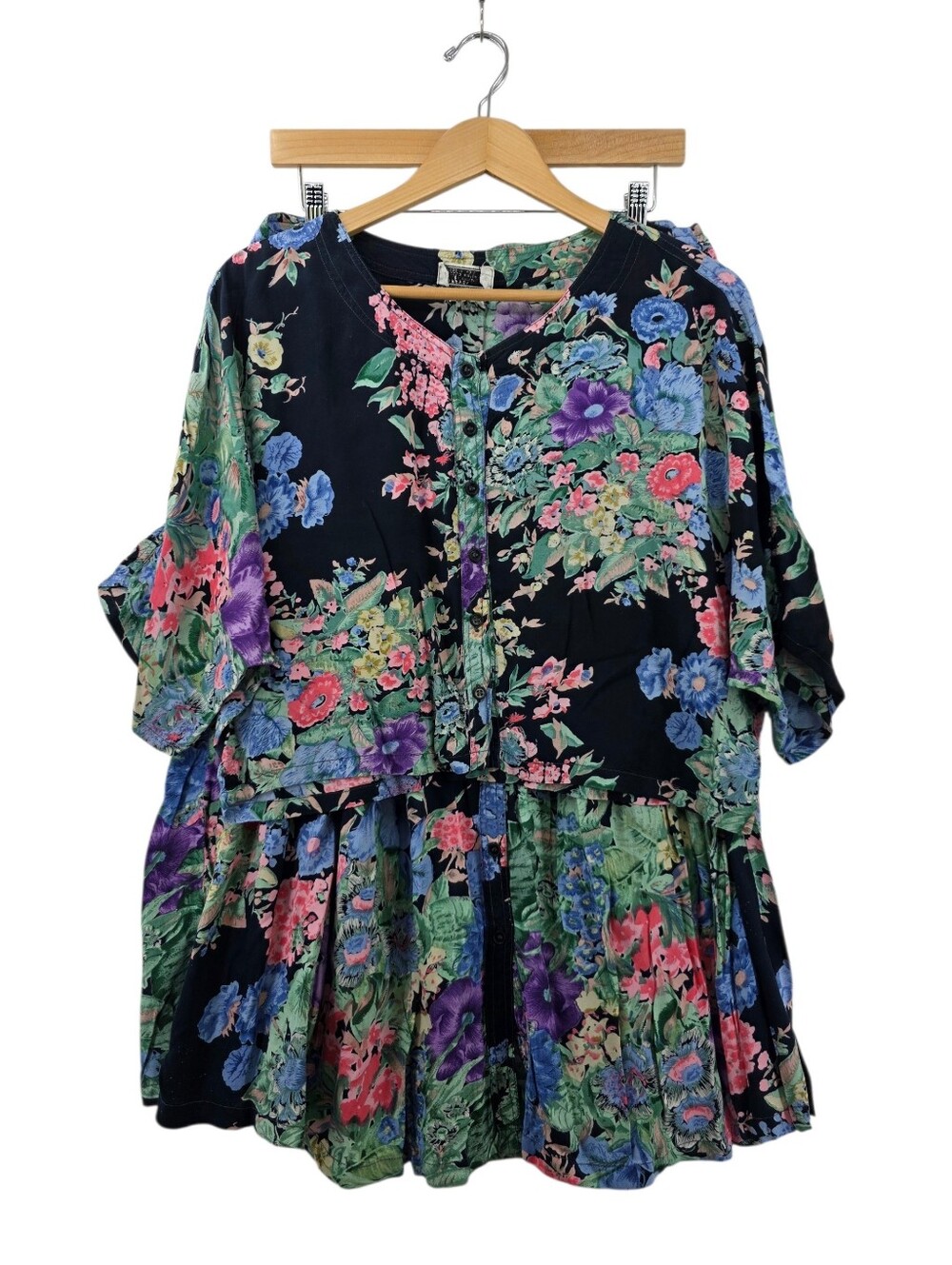 Rare Find Vintage 100% Rayon Floral Matching Set Button Up Top Maxi Skirt Large